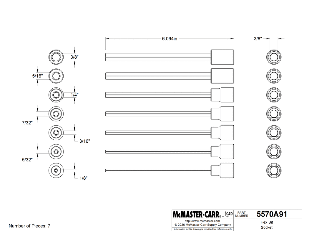 Technical Drawing of Hex Bit Socket, 7-Piece Set, Extended-Reach, 3/8" Square Drive.